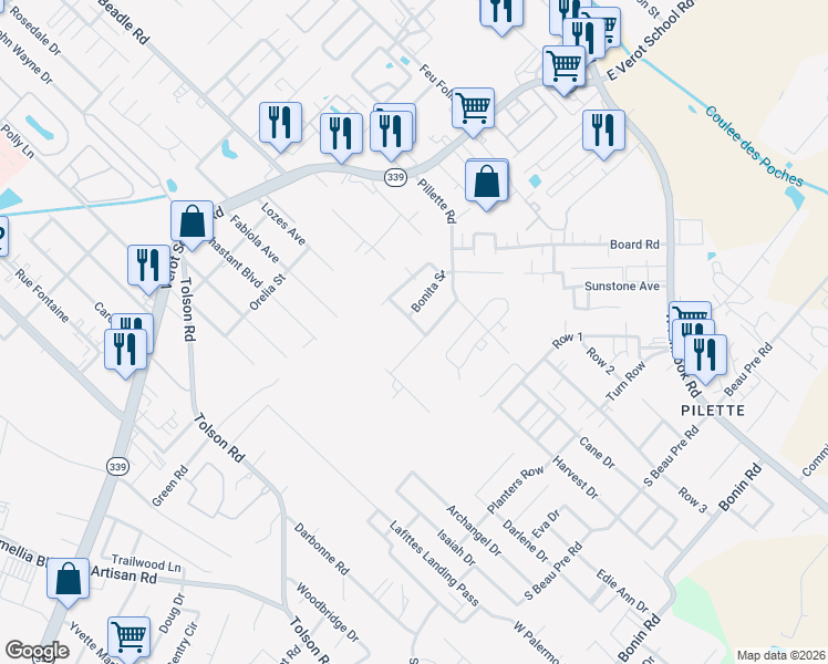 map of restaurants, bars, coffee shops, grocery stores, and more near 204 Pompano Street in Lafayette