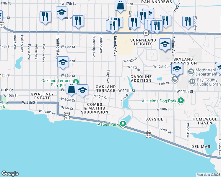 map of restaurants, bars, coffee shops, grocery stores, and more near 1436 West 11th Street in Panama City