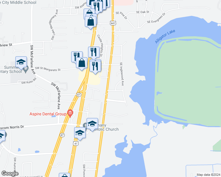 map of restaurants, bars, coffee shops, grocery stores, and more near 127 Southeast Lakewood Lane in Lake City
