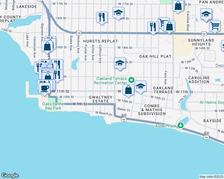 map of restaurants, bars, coffee shops, grocery stores, and more near 2100 West 11th Street in Panama City