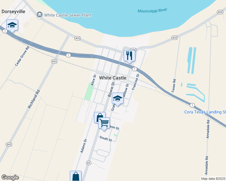 map of restaurants, bars, coffee shops, grocery stores, and more near 32590 Bowie Street in White Castle