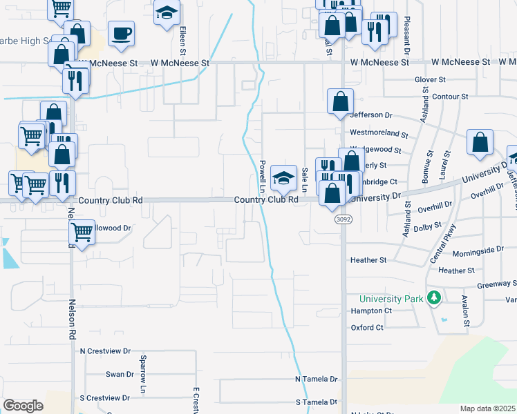 map of restaurants, bars, coffee shops, grocery stores, and more near 1217 Country Club Road in Lake Charles