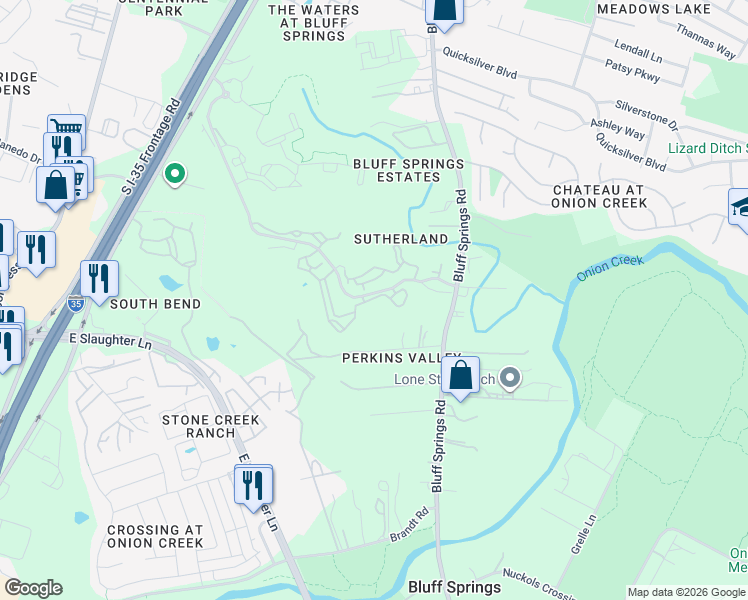 map of restaurants, bars, coffee shops, grocery stores, and more near 8350 Bluff Springs Road in Austin