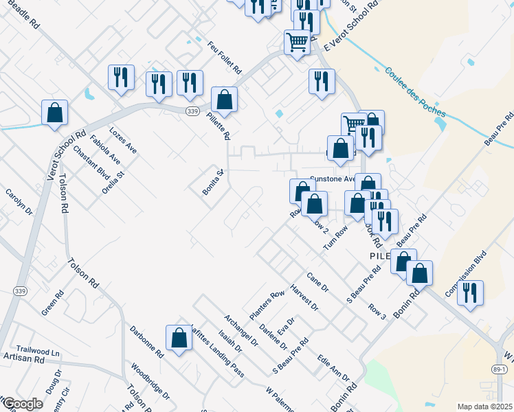 map of restaurants, bars, coffee shops, grocery stores, and more near 100 Cane Ridge Circle in Lafayette
