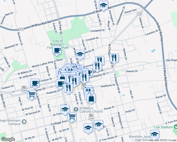 map of restaurants, bars, coffee shops, grocery stores, and more near 408 East Main Street in Brenham