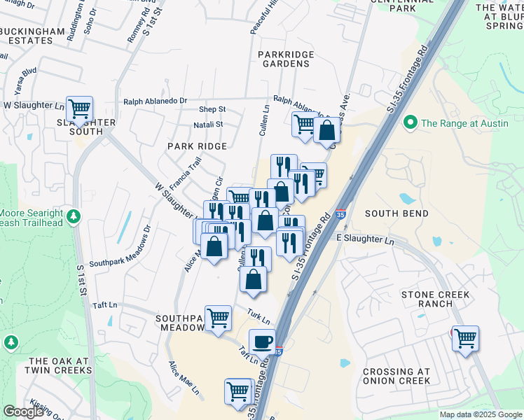 map of restaurants, bars, coffee shops, grocery stores, and more near 9000 Texas 275 Loop in Austin