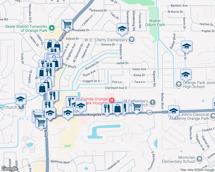 map of restaurants, bars, coffee shops, grocery stores, and more near 531 Clermont Avenue South in Orange Park