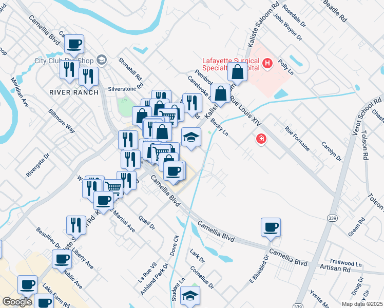 map of restaurants, bars, coffee shops, grocery stores, and more near 1801 Kaliste Saloom Road in Lafayette
