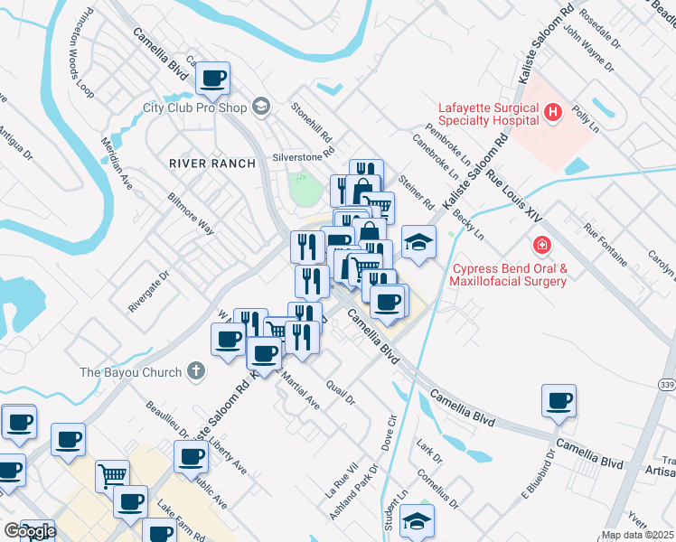 map of restaurants, bars, coffee shops, grocery stores, and more near 1315 Camellia Boulevard in Lafayette