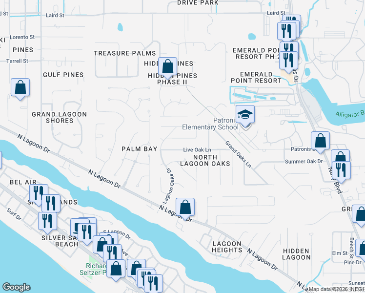 map of restaurants, bars, coffee shops, grocery stores, and more near 612 Live Oak Ln in Panama City