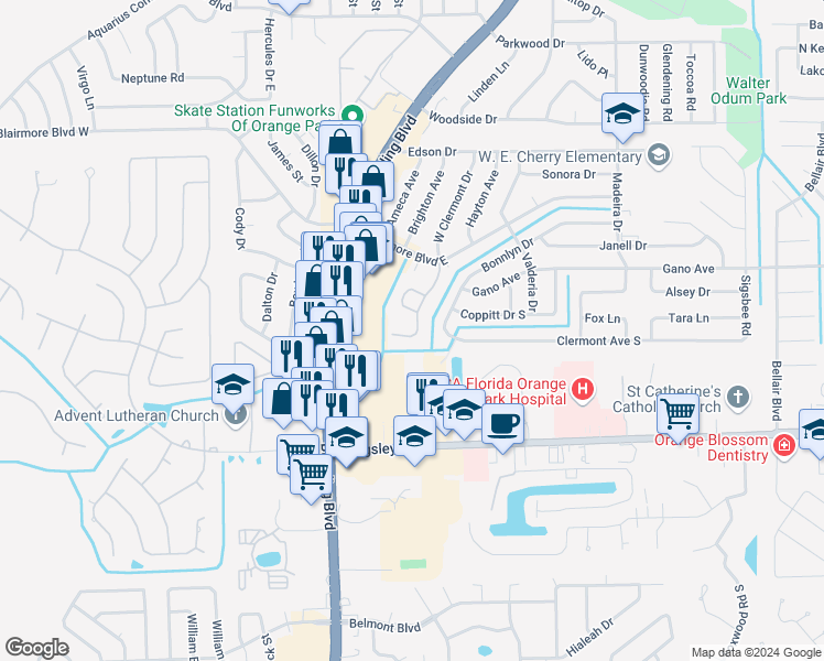 map of restaurants, bars, coffee shops, grocery stores, and more near 369 Blanding Boulevard in Orange Park