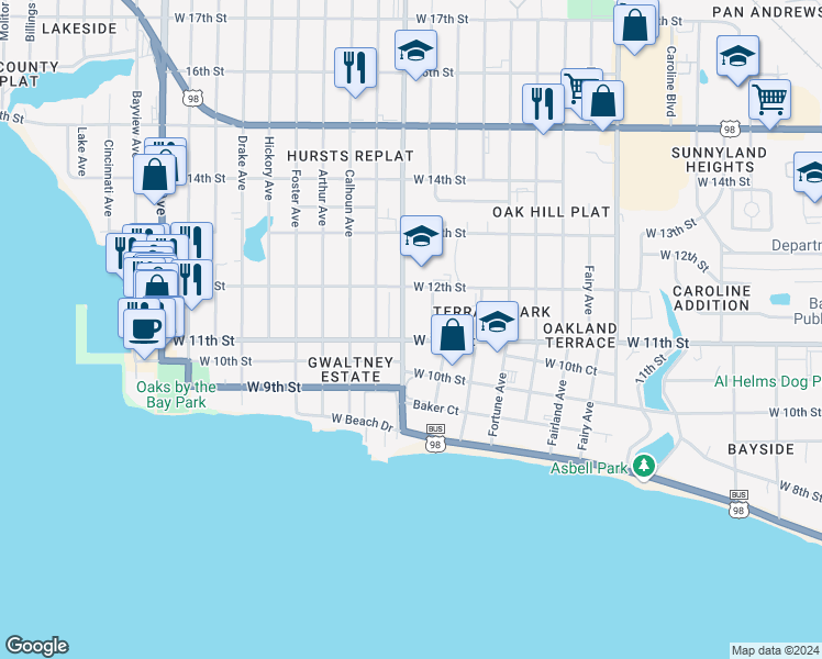 map of restaurants, bars, coffee shops, grocery stores, and more near 2011 West 11th Street in Panama City