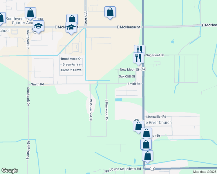 map of restaurants, bars, coffee shops, grocery stores, and more near 5549 East Pinewood Drive in Lake Charles