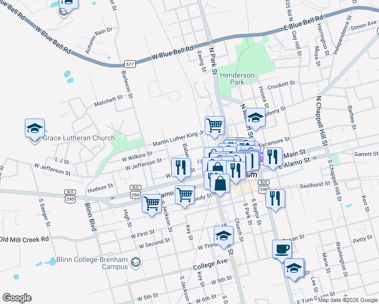 map of restaurants, bars, coffee shops, grocery stores, and more near 206 Baber Street in Brenham