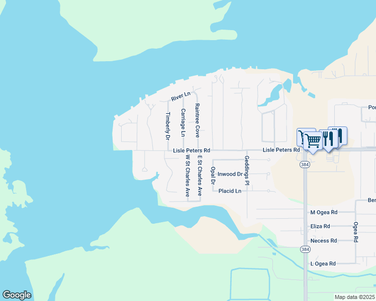 map of restaurants, bars, coffee shops, grocery stores, and more near Lisle Peters Rd & W St Charles Ave in Lake Charles