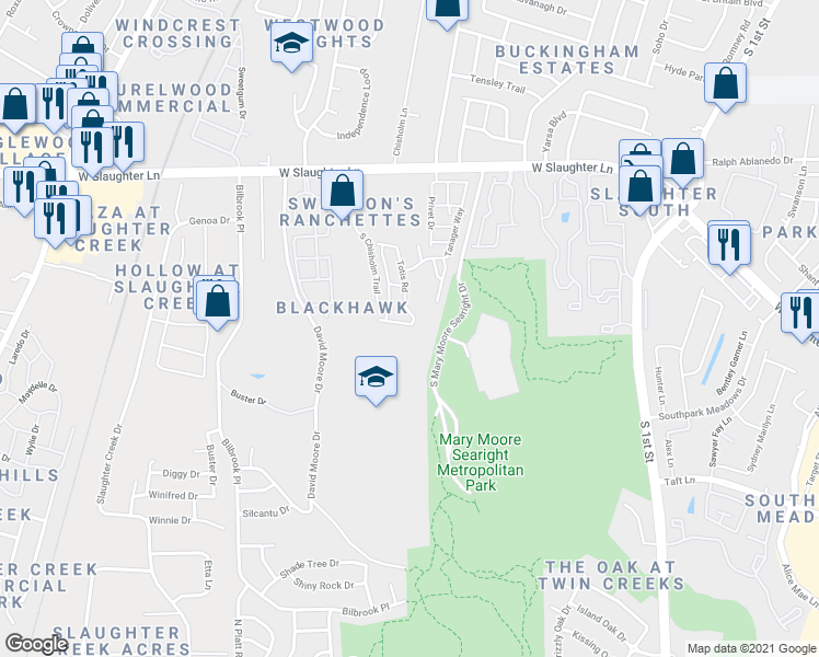 map of restaurants, bars, coffee shops, grocery stores, and more near 9701 Briny Shell Way in Austin