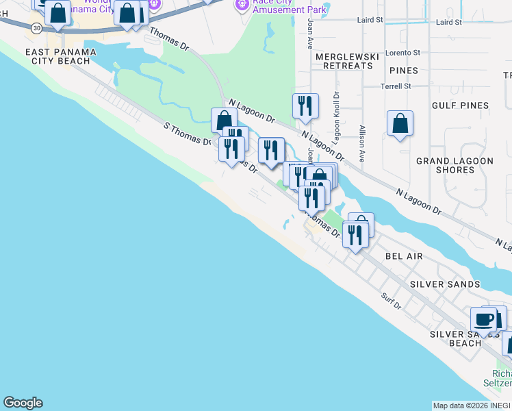 map of restaurants, bars, coffee shops, grocery stores, and more near 8743 Thomas Drive in Panama City Beach