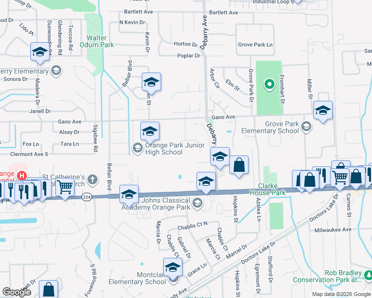 map of restaurants, bars, coffee shops, grocery stores, and more near 1584 Slash Pine Court in Orange Park