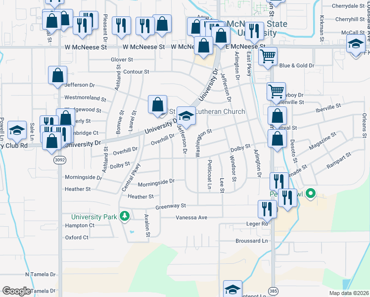 map of restaurants, bars, coffee shops, grocery stores, and more near 817 Jefferson Drive in Lake Charles