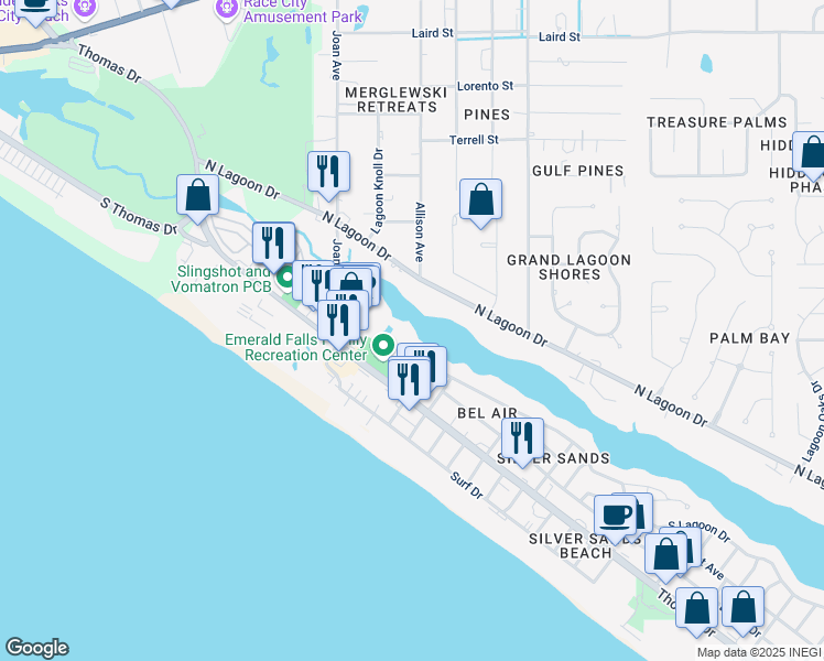 map of restaurants, bars, coffee shops, grocery stores, and more near 214 Bonita Circle in Panama City