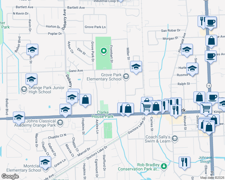 map of restaurants, bars, coffee shops, grocery stores, and more near 1030 Bay Circle West in Orange Park
