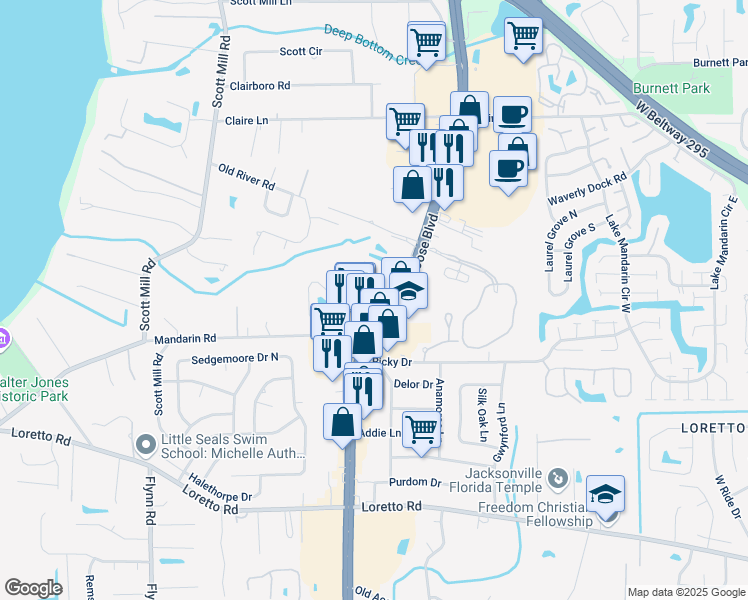 map of restaurants, bars, coffee shops, grocery stores, and more near 11362 San Jose Boulevard in Jacksonville
