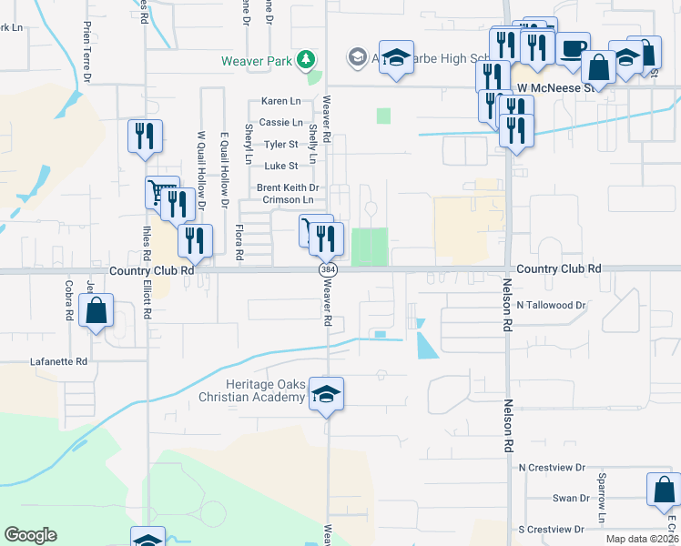 map of restaurants, bars, coffee shops, grocery stores, and more near 2313 Country Club Road in Lake Charles