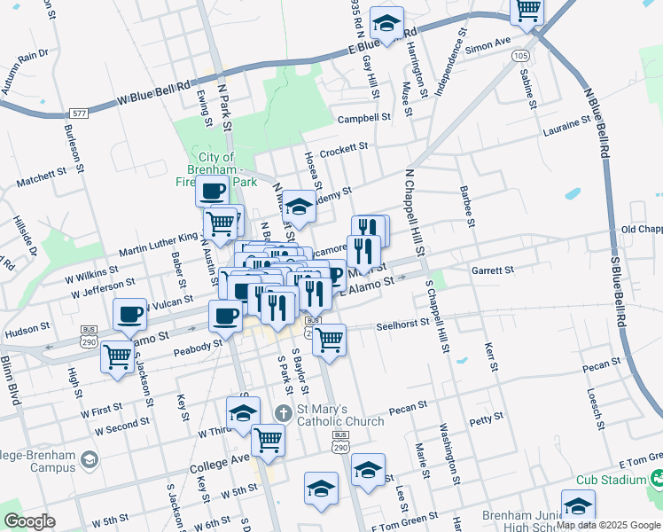 map of restaurants, bars, coffee shops, grocery stores, and more near 408 East Main Street in Brenham