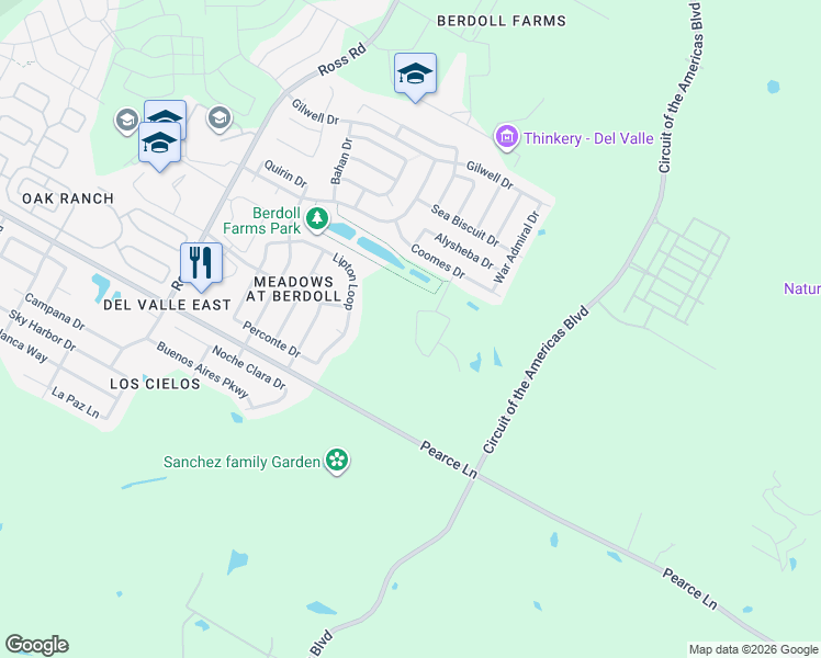 map of restaurants, bars, coffee shops, grocery stores, and more near 6108 Toye Drive in Del Valle