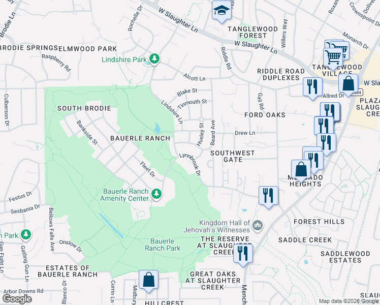 map of restaurants, bars, coffee shops, grocery stores, and more near 10521 Avian Street in Austin