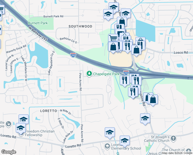 map of restaurants, bars, coffee shops, grocery stores, and more near 3850 Chapelgate Road in Jacksonville
