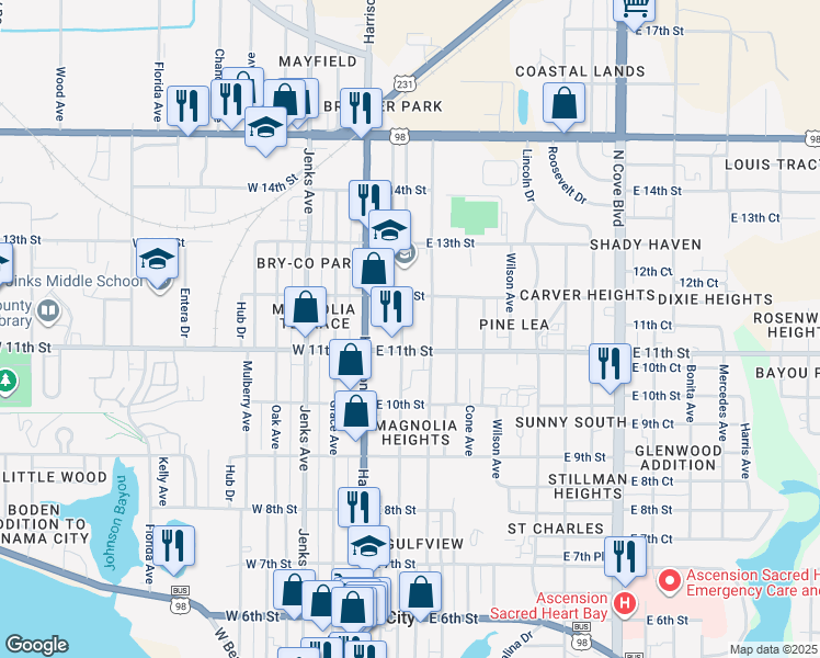 map of restaurants, bars, coffee shops, grocery stores, and more near 1118 Magnolia Avenue in Panama City