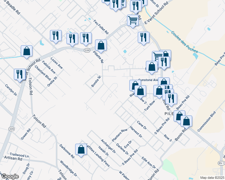 map of restaurants, bars, coffee shops, grocery stores, and more near 312 Vieux Orleans Circle in Lafayette