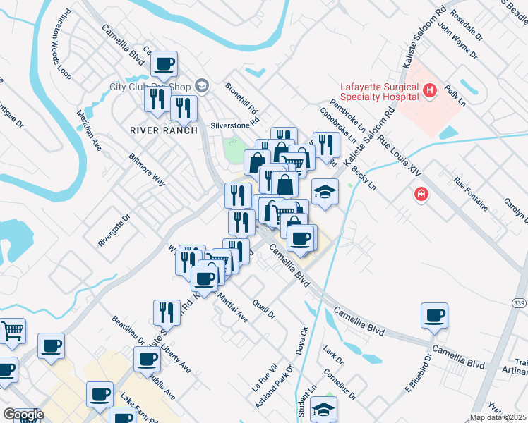 map of restaurants, bars, coffee shops, grocery stores, and more near 1315 Camellia Boulevard in Lafayette