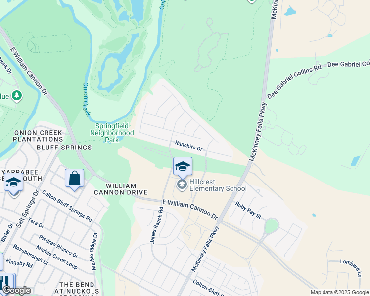 map of restaurants, bars, coffee shops, grocery stores, and more near 6821 Ranchito Drive in Austin