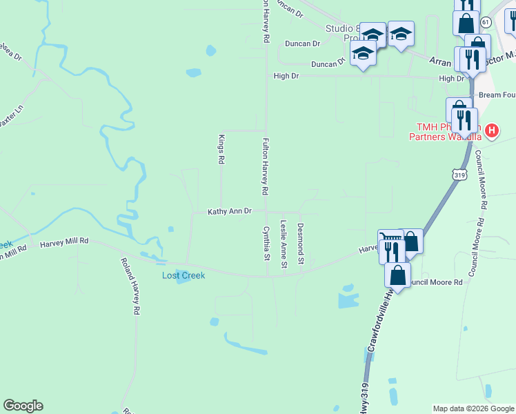 map of restaurants, bars, coffee shops, grocery stores, and more near 62 Cynthia Street in Crawfordville