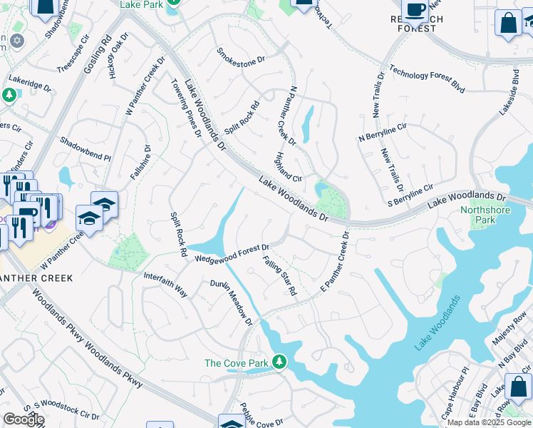 map of restaurants, bars, coffee shops, grocery stores, and more near 49 Falling Star Court in Spring