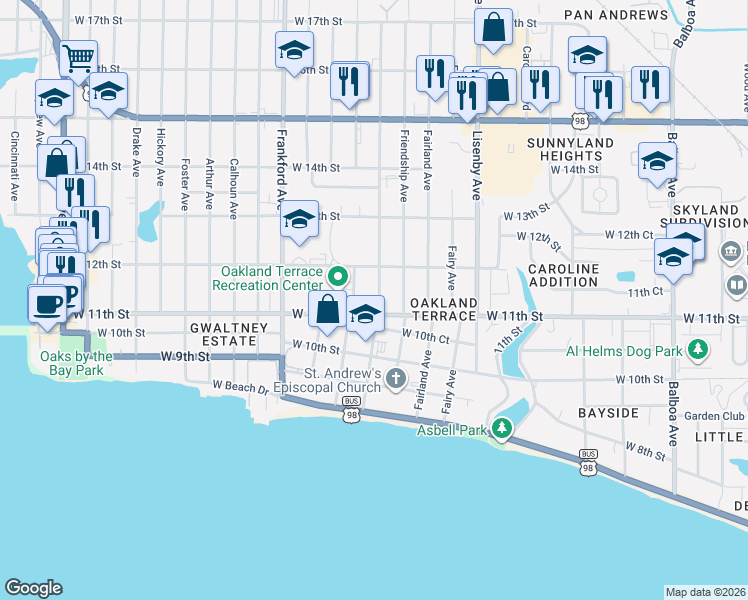map of restaurants, bars, coffee shops, grocery stores, and more near 1705 West 11th Street in Panama City