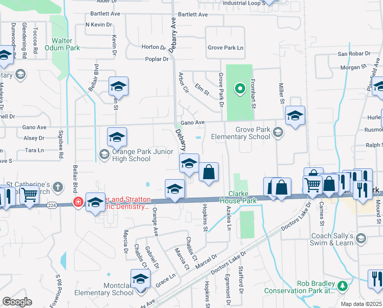 map of restaurants, bars, coffee shops, grocery stores, and more near 1809 Debarry Avenue in Orange Park