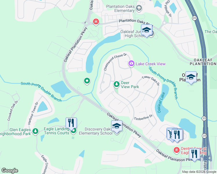 map of restaurants, bars, coffee shops, grocery stores, and more near 849 Songbird Drive in Orange Park