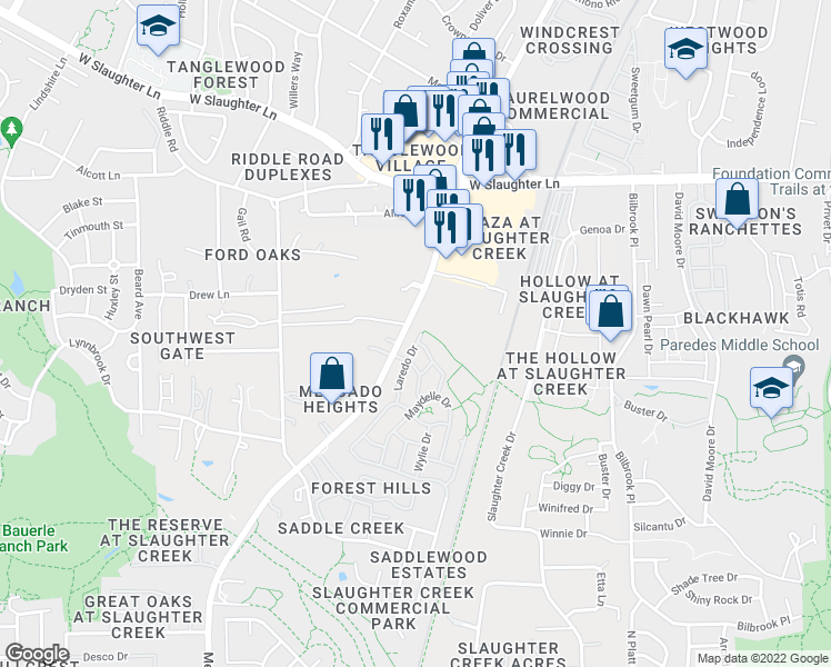 map of restaurants, bars, coffee shops, grocery stores, and more near 10206 Laredo Drive in Austin