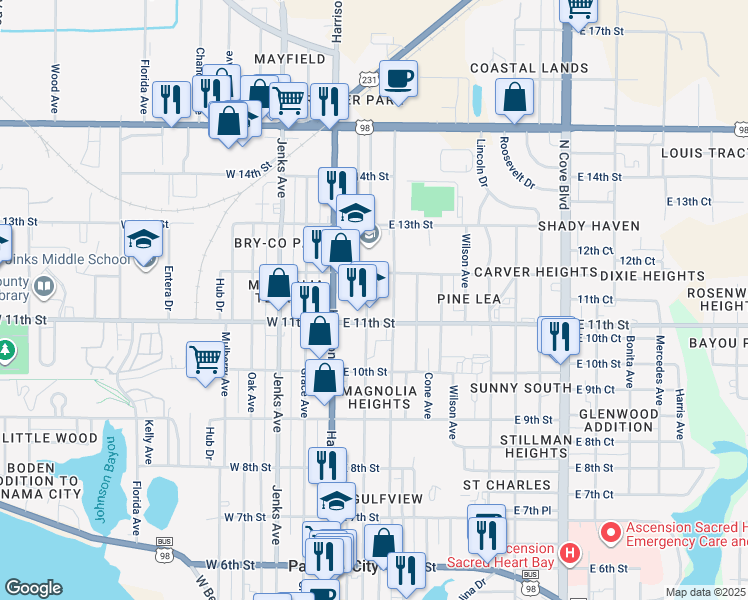 map of restaurants, bars, coffee shops, grocery stores, and more near 1118 Magnolia Avenue in Panama City