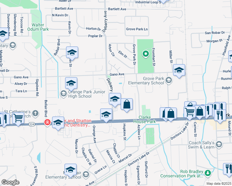map of restaurants, bars, coffee shops, grocery stores, and more near 1809 Debarry Avenue in Orange Park