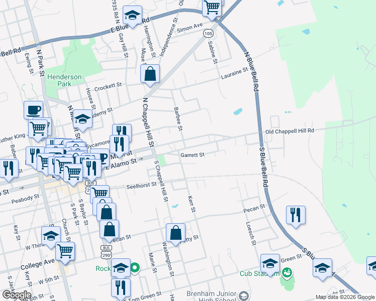 map of restaurants, bars, coffee shops, grocery stores, and more near 1112 East Alamo Street in Brenham