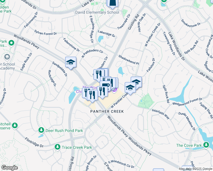 map of restaurants, bars, coffee shops, grocery stores, and more near 4775 West Panther Creek Drive in The Woodlands