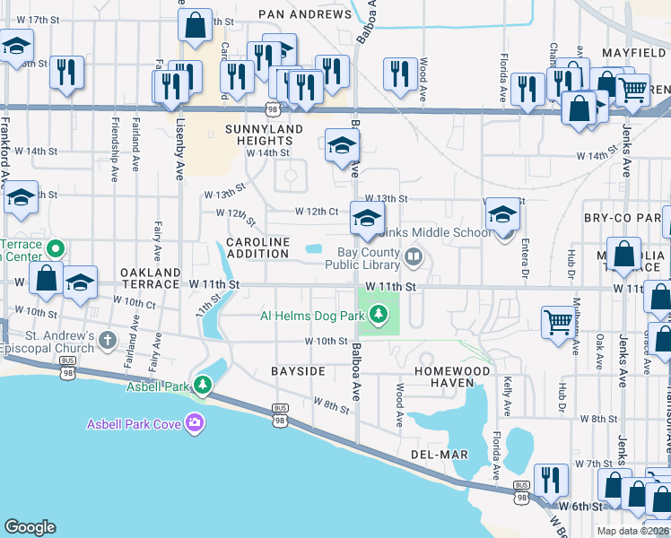 map of restaurants, bars, coffee shops, grocery stores, and more near 2 West 11th Street in Panama City