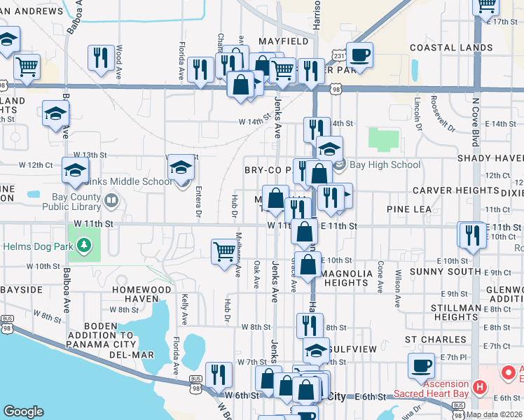 map of restaurants, bars, coffee shops, grocery stores, and more near 1100 Oak Avenue in Panama City