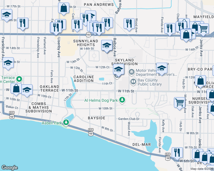 map of restaurants, bars, coffee shops, grocery stores, and more near 2 West 11th Street in Panama City