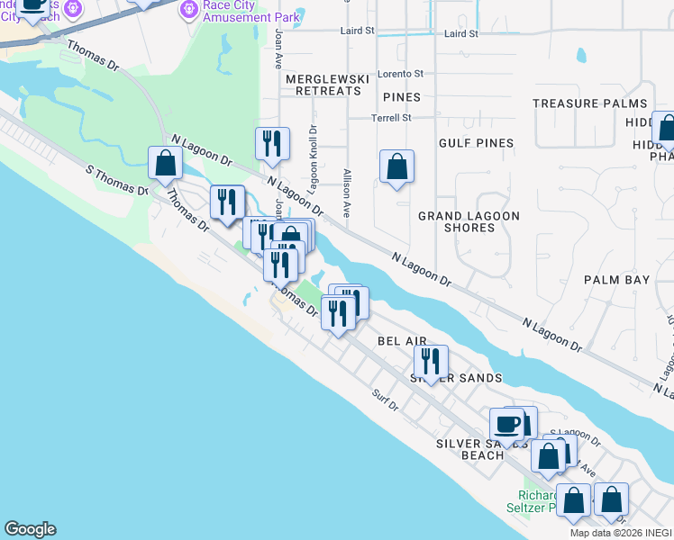 map of restaurants, bars, coffee shops, grocery stores, and more near 218 Bonita Circle in Panama City