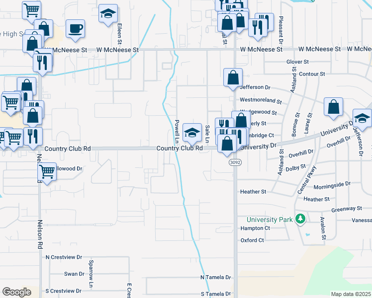 map of restaurants, bars, coffee shops, grocery stores, and more near 1217 Country Club Rd in Lake Charles